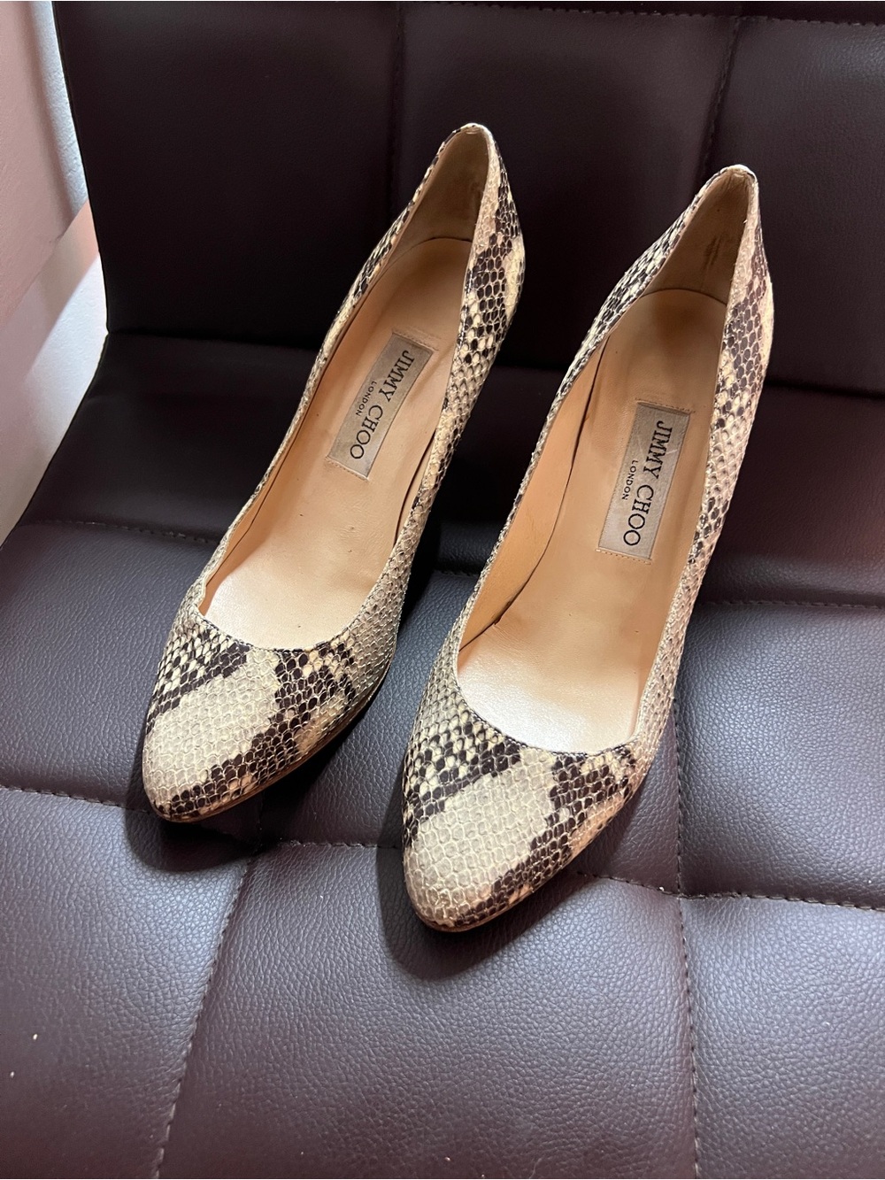 Jimmy Choo Beige and Brown Snakeskin Pointed-Toe Pumps